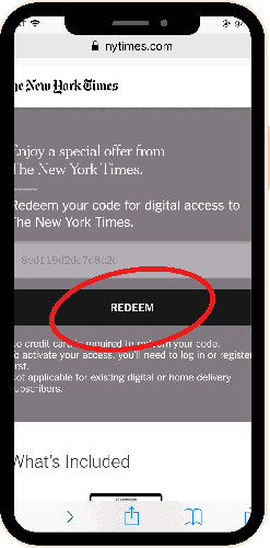 Phone screenshot of the New York Times website and a red circle around the Redeem button