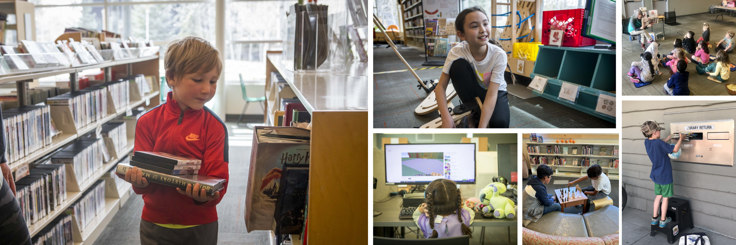 Collage of children's area in the library: first image shows young boy with a stack of books in his hands, top middle shows young girl smiling, bottom left shows a young girl at a desktop computer, bottom middle shows two boys playing chess, top right shows a group of children attending a storytime, bottom right shows a boy returning a book in the book drop