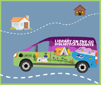 Home delivery graphic depicting the outreach van on a route to houses