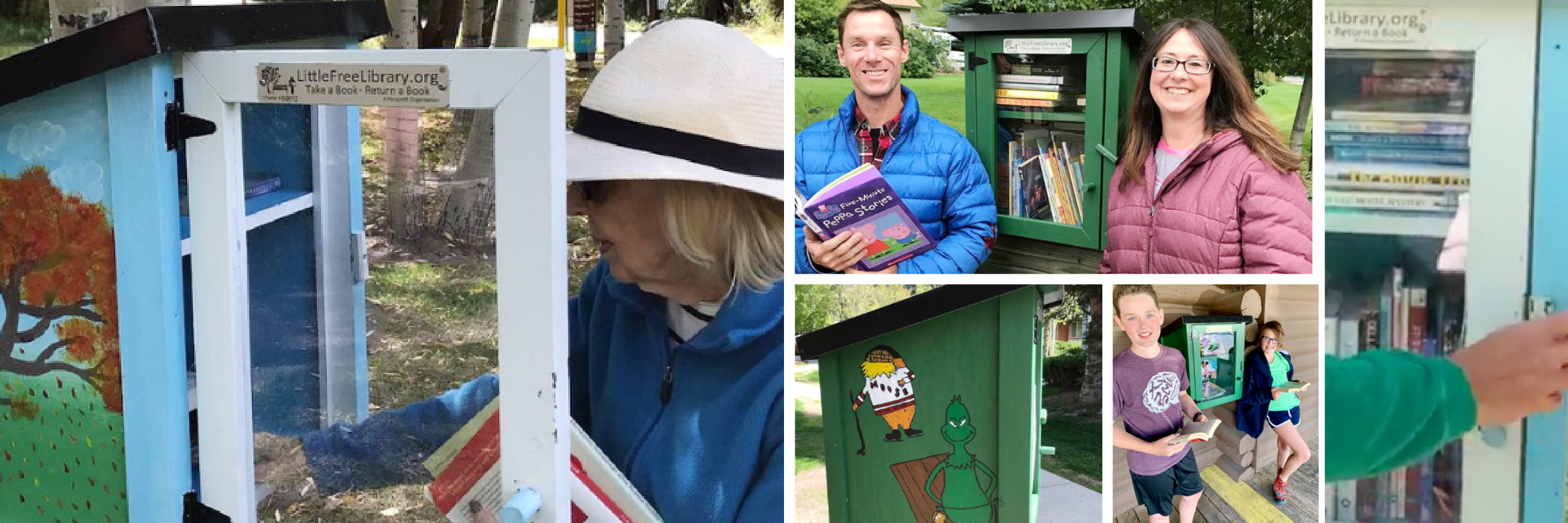 Little Free Libraries collage showing various volunteers and patrons at a Little Free Library