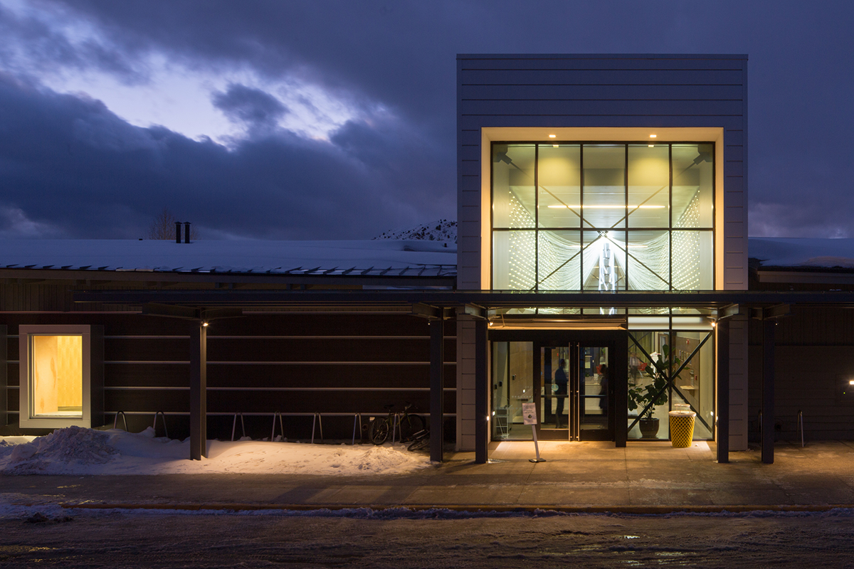 Main library building entrance at night