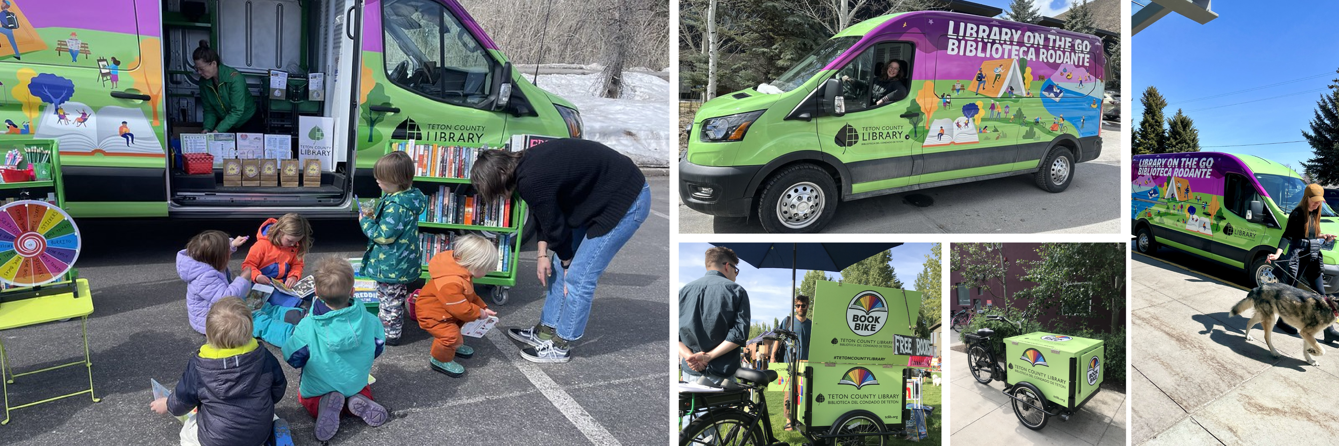 Library Outreach collage showing the outreach van and book bike at various locations