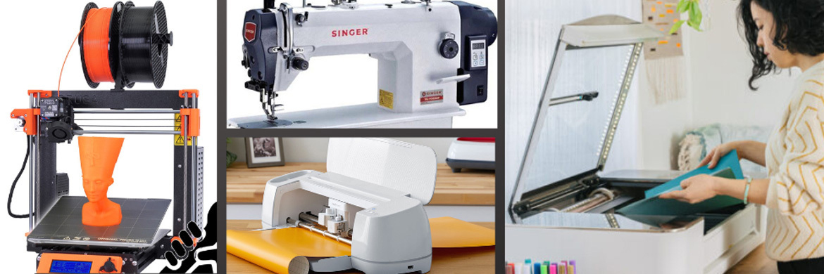 Collage of the different equipment offered by the WonderLab including a 3D printer, sewing machine, and printer