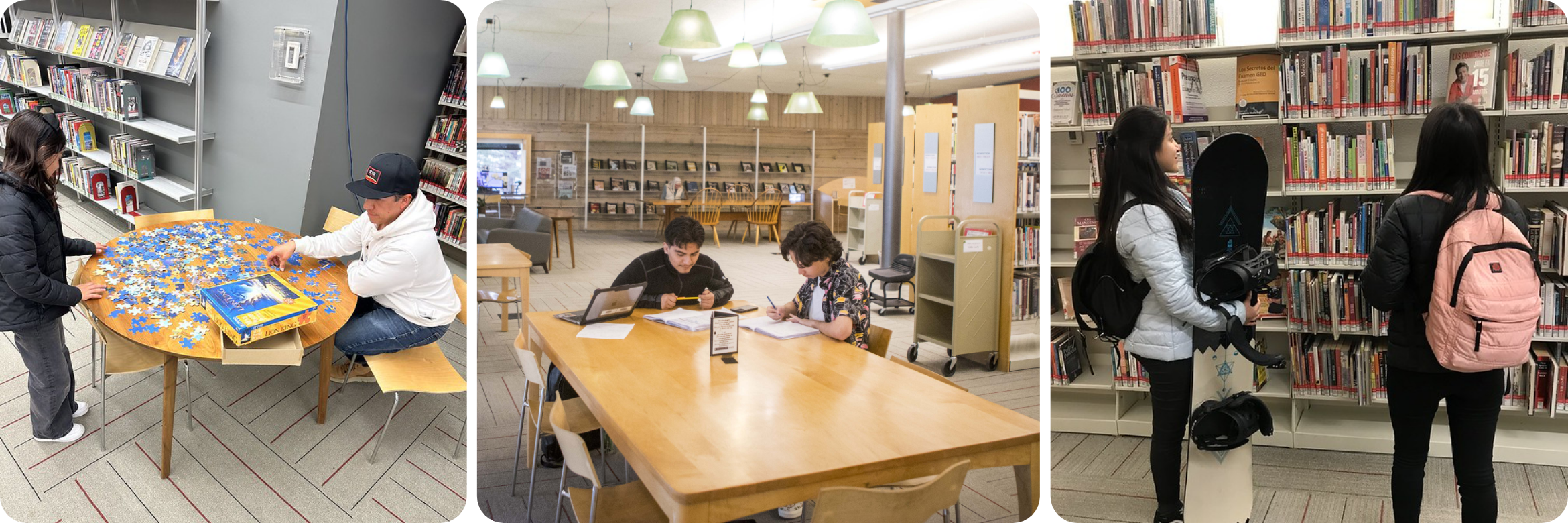 Collage of three different images: first image shows a father and daughter working on a puzzle in the library, second image shows two teen boys sitting at a table and studying, and the third image shows two teen girls, one holding a snowboard, looking at the bookshelves