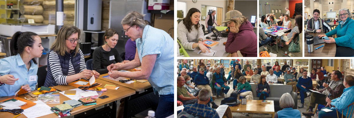 a collage of images of adults using the library