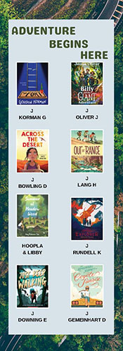 Adventure Begins Here poster with different book covers