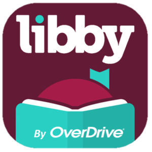 Libby by OverDrive database logo with a maroon background and a teal book cover