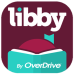 Libby by OverDrive database logo with a maroon background and a teal book cover