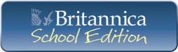 Britannica School Edition white and yellow text with a blue background