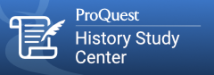 ProQuest History Study Center white text and blue background with an icon of paper and a feather quill