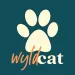 Dark teal background with a creme colored paw print and text reading 'wyldcat'