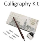 Calligraphy kit includes instruction book with corresponding Spanish instruction, calligraphy pen, pen nibs, and bottle of ink.