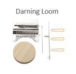 Darning loom (wooden circle, metal loom) in carrying case
