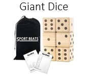 6 large wooden dice, 2 instruction and score cards, 2 dry erase pens