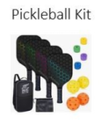 Four pickleball paddles, 4 pickleballs (2 outdoor, 2 indoor) in a carrying case
