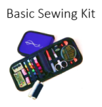 Basic sewing kit case includes scissors, measuring tape, seam ripper, needles, thimble, threaders, pins, shirt buttons, thread.