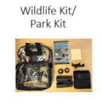 Wildlife or park kit with binoculars and park guidebook in a clear vinyl backpack