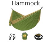 image of a green nylon hammock and its accessories
