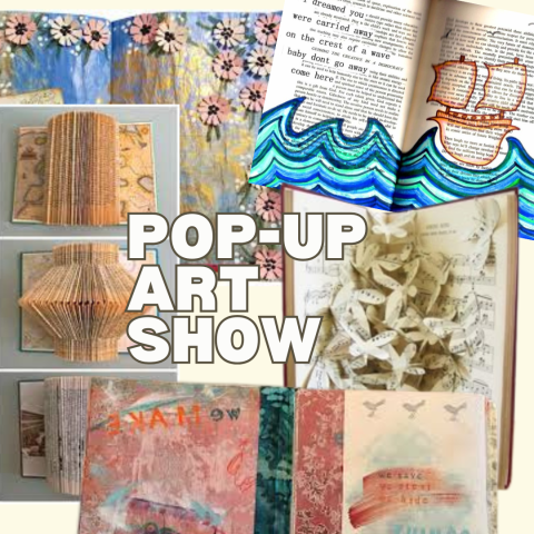 images of various altered books with the text "Pop-up Art Show"
