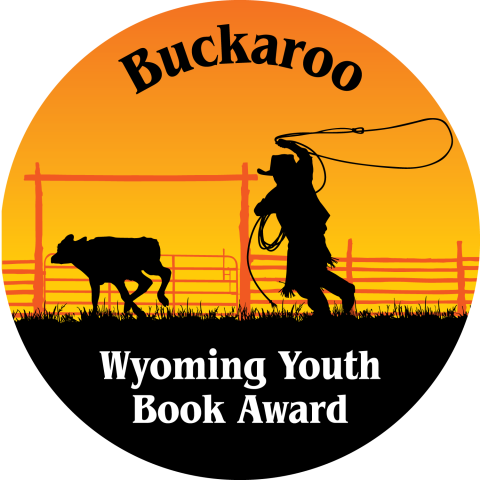 Orange and Black buckaroo logo of a young cowboy roping a calf