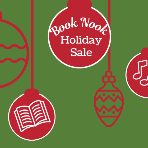 image of holiday ornaments on a green background with the words "Book Nook Holiday Sale"