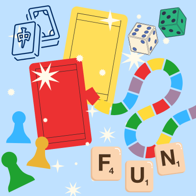 image of game pieces, cards, dice, mahjong tiles, etc.