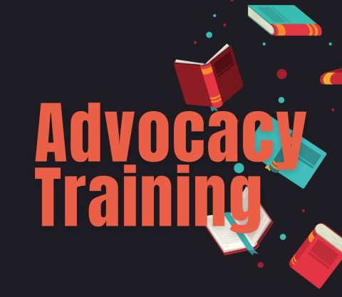 image of scattered books on a black background with the test "advocacy training"