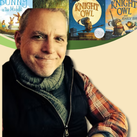 image of Christopher Denise with some of his book covers, including Knight Owl