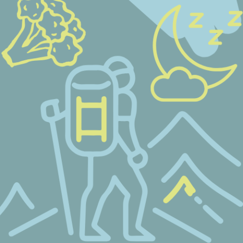 sketches of a hiker, a piece of brocolli, and moon with zzzzzs