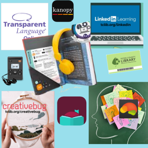 image of various library resource logos: Libby, Kanopy, BrainHQ, Creativebug