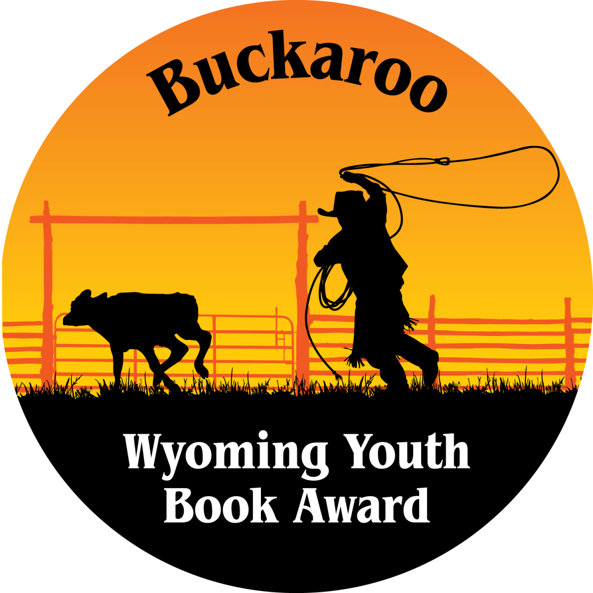 Orange and Black buckaroo logo of a young cowboy roping a calf