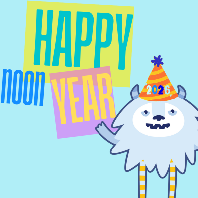 image of Confetti the Yeti mascot in a party hat with text "Happy Noon Year"