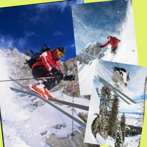 various action images of downhill skiers