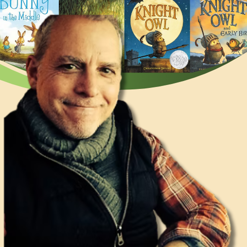 image of Christopher Denise with some of his book covers, including Knight Owl