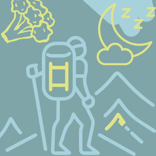 sketches of a hiker, a piece of brocolli, and moon with zzzzzs