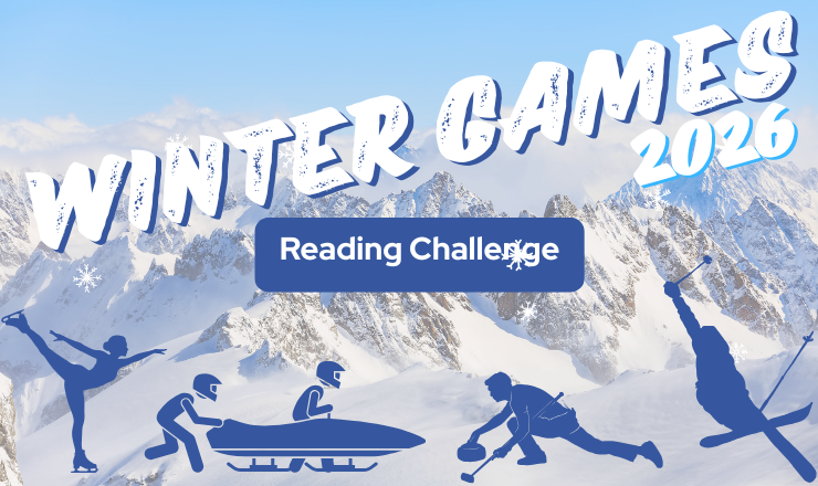 image of snowy mountains with silhouettes of winter athletes and text "Winter Games Reading Challenge"