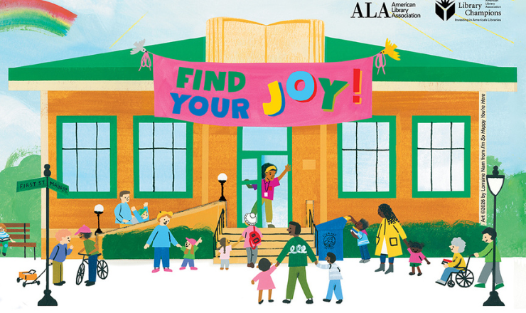 illustration of people entering a library with a sign over the door that reads "Find Your Joy!"